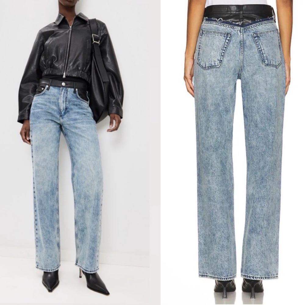 NEW Rag & Bone Shea Mixed Media Faux Leather Denim Combo High Rise Relaxed Jeans - Picture 2 of 14
